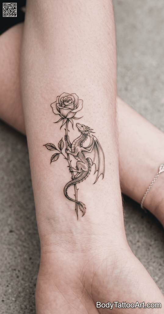 Micro fine line Rose With Dragon Tattoos