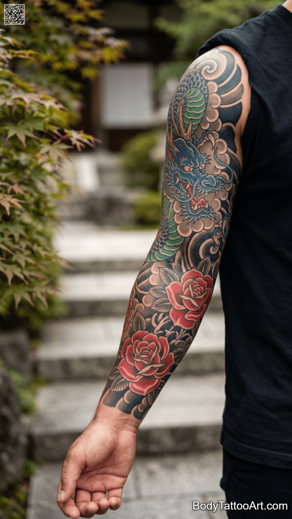 Japanese irezumi Rose With Dragon Tattoos