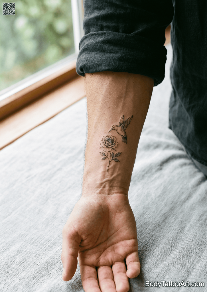 Fine line Rose With Hummingbird Tattoos