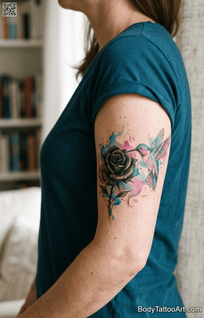 Watercolor Rose With Hummingbird Tattoos