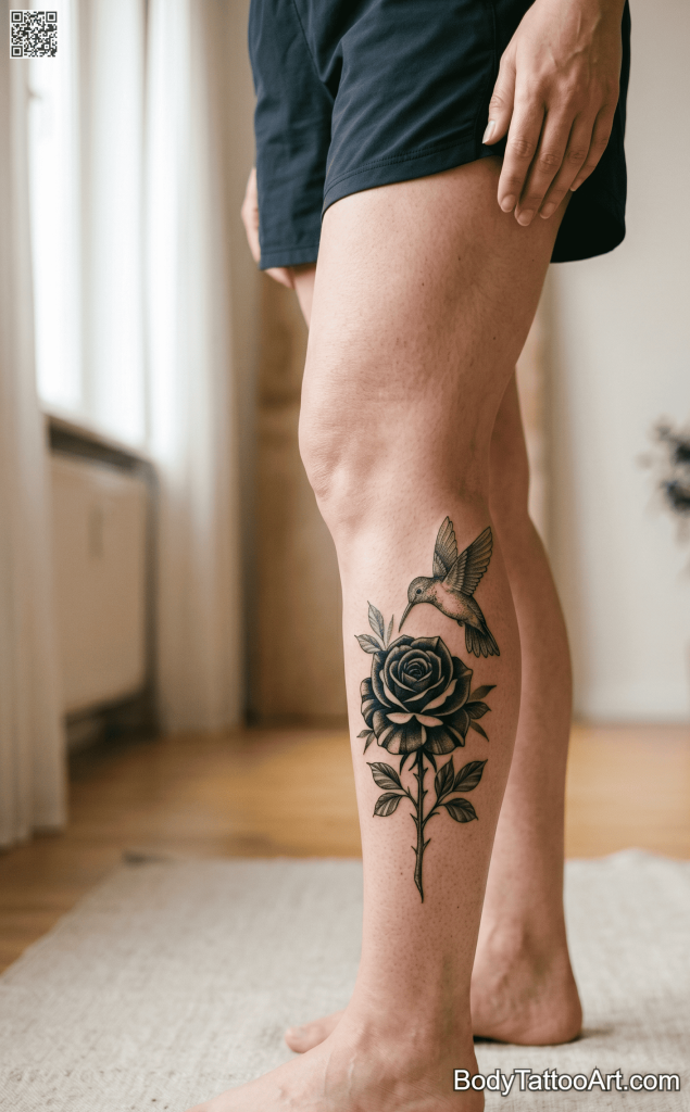 Blackwork Rose With Hummingbird Tattoos