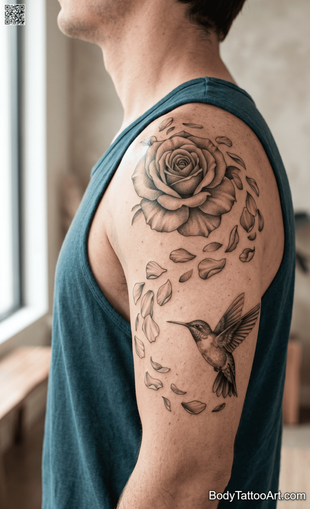 Illustrative realism Rose With Hummingbird Tattoos
