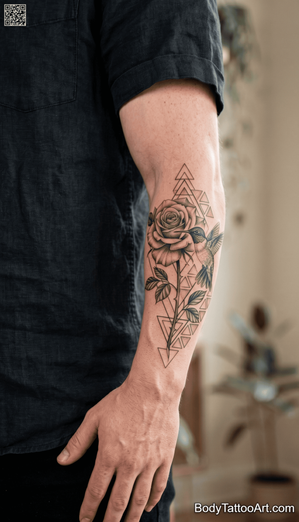 Geometric realism Rose With Hummingbird Tattoos