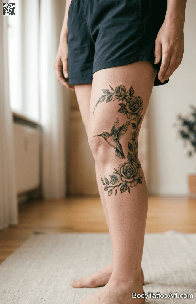  Fine line illustrative Rose With Hummingbird Tattoos