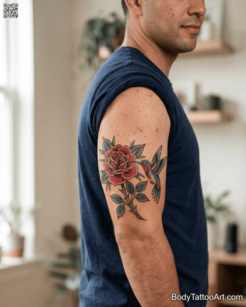 American traditional Rose With Hummingbird Tattoos