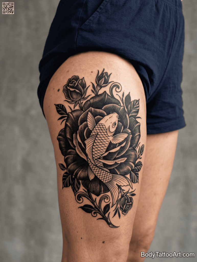 Japanese realism Rose With Koi Fish Tattoos