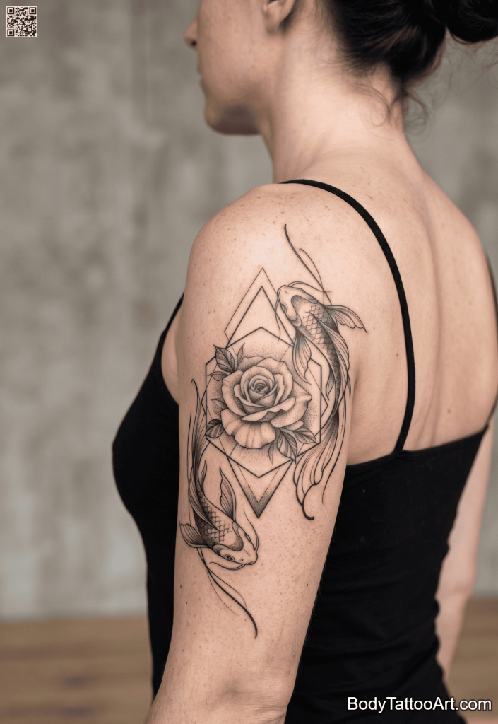 Geometric illustrative Rose With Koi Fish Tattoos