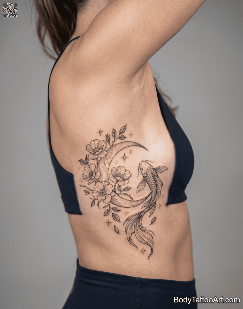 Fine line Rose With Koi Fish Tattoos