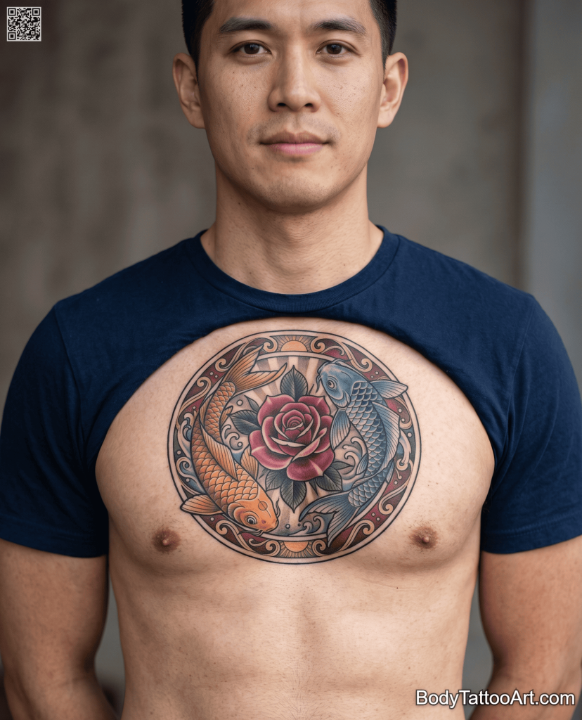  Illustrative Rose With Koi Fish Tattoos