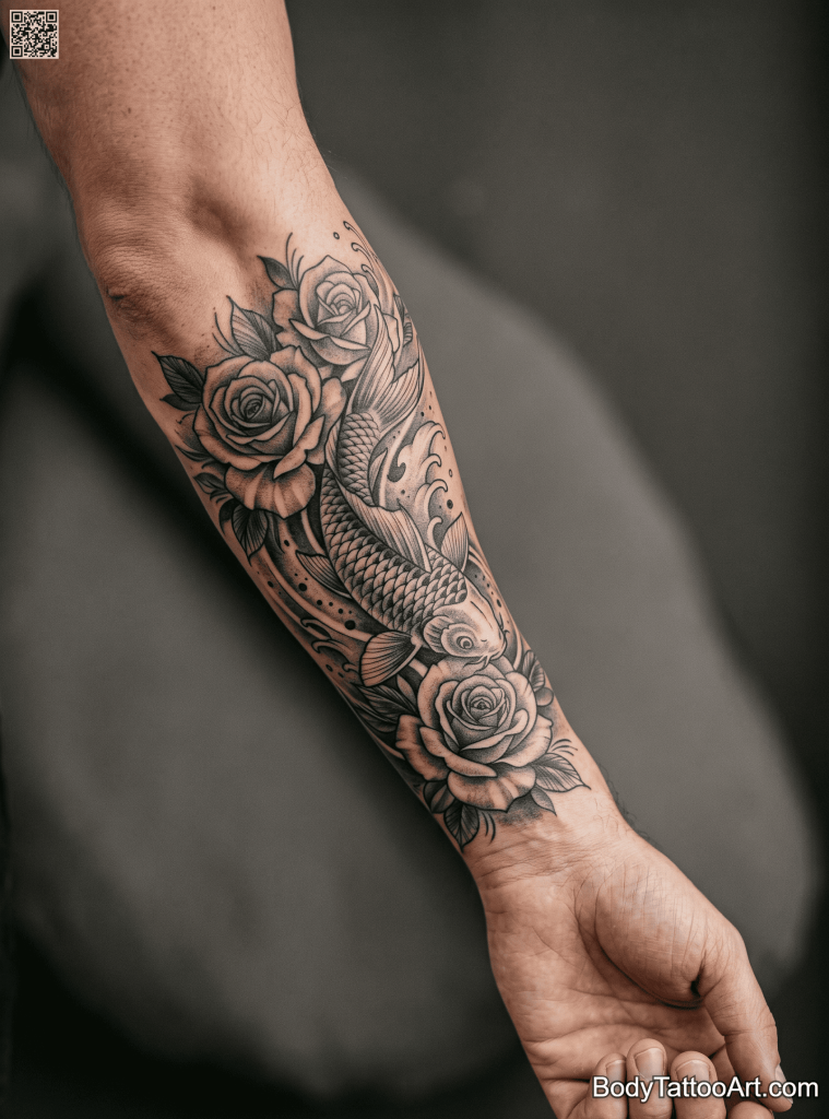  Watercolor Rose With Koi Fish Tattoos