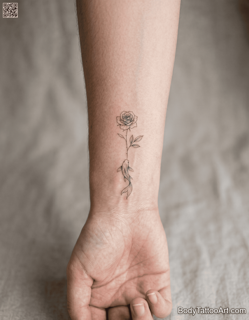 Blackwork Rose With Koi Fish Tattoos
