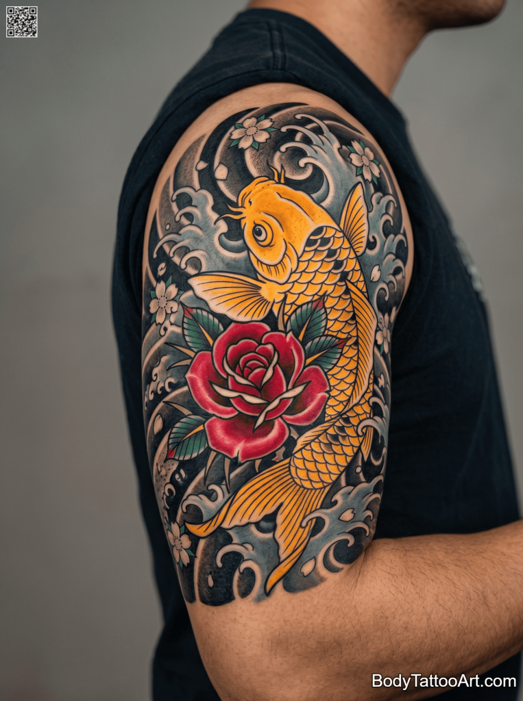  Neo-traditional  Rose With Koi Fish Tattoos