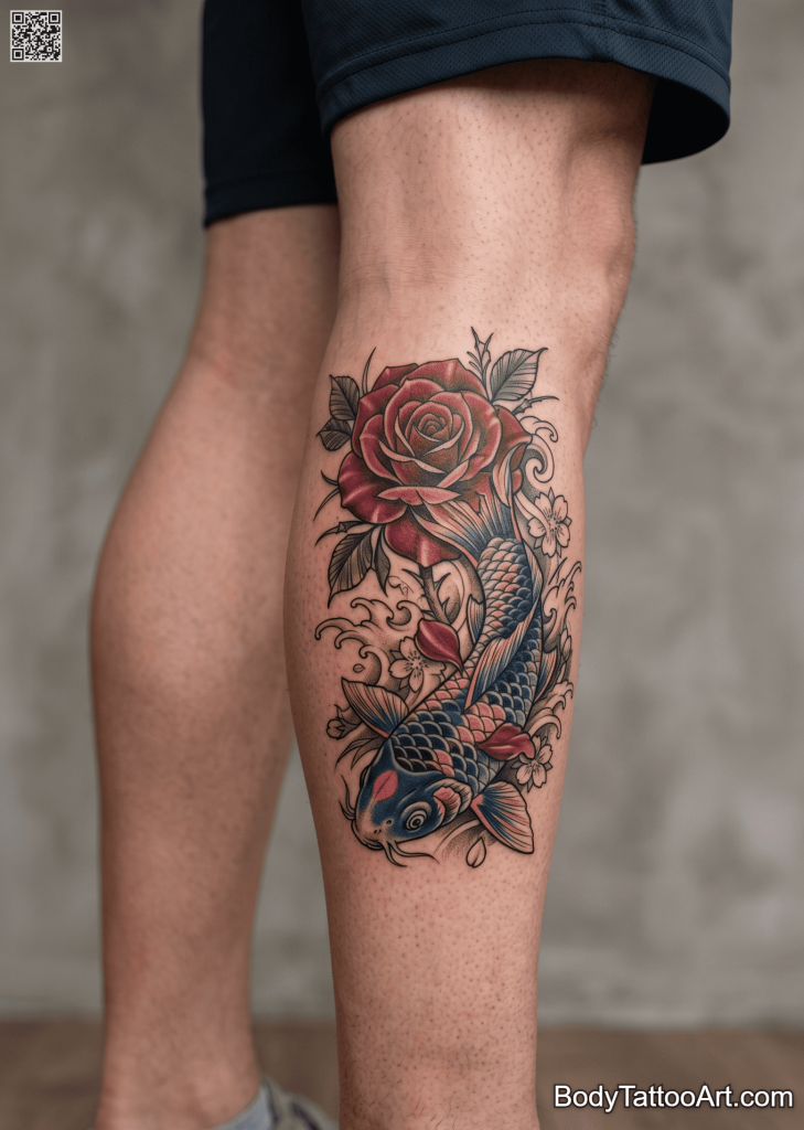 Dotwork Rose With Koi Fish Tattoos