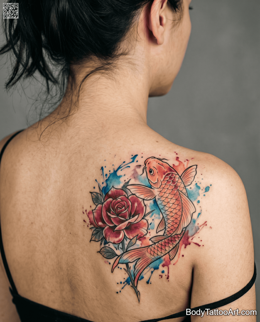 Fine line illustrative Rose With Koi Fish Tattoos