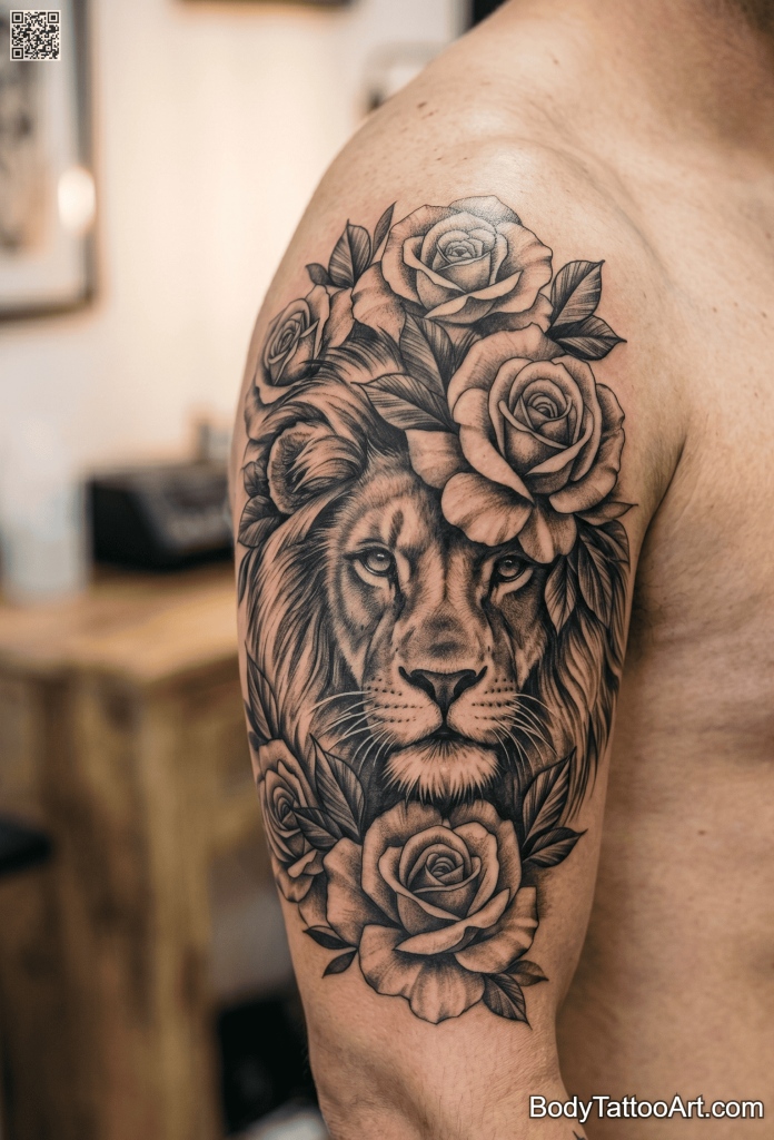  Illustrative realism Rose With Lion Tattoos