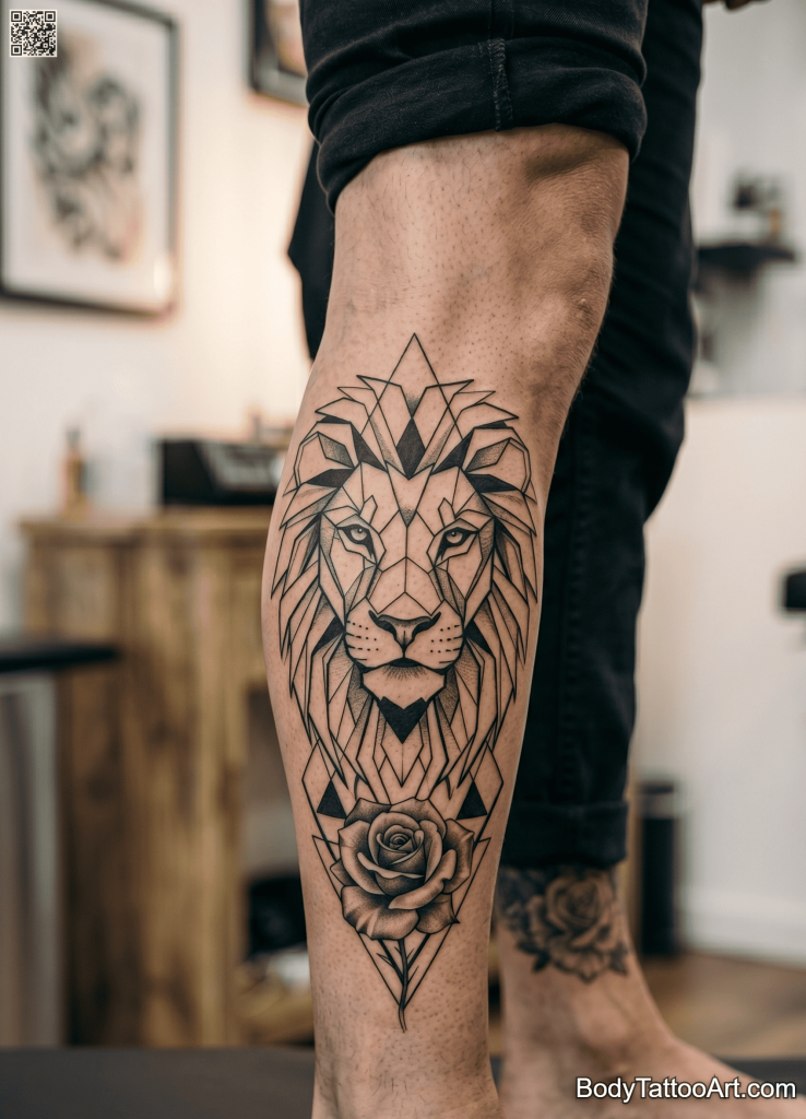  Geometric blackwork Rose With Lion Tattoos