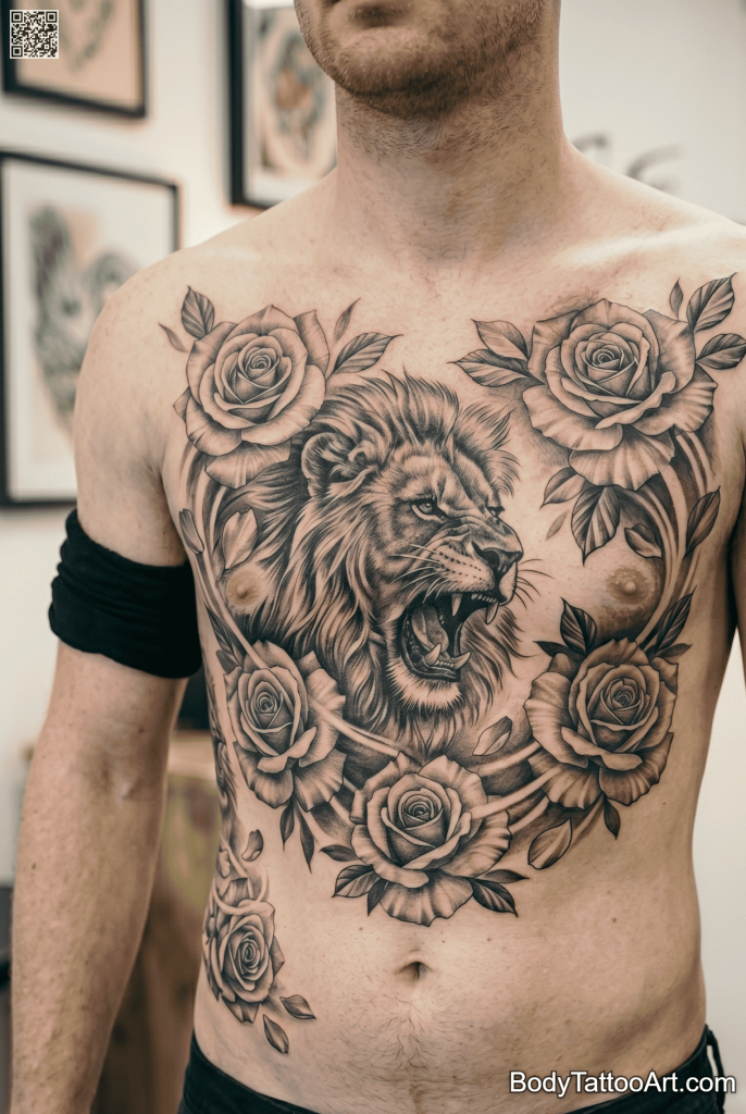  Realistic black and grey Rose With Lion Tattoos