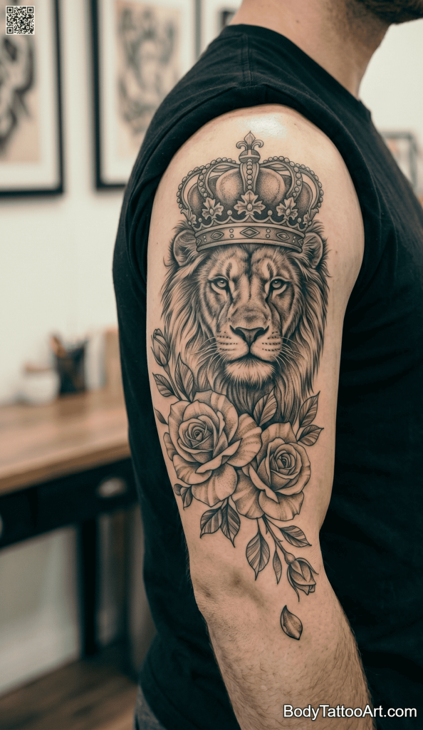 Neo-traditional Rose With Lion Tattoos