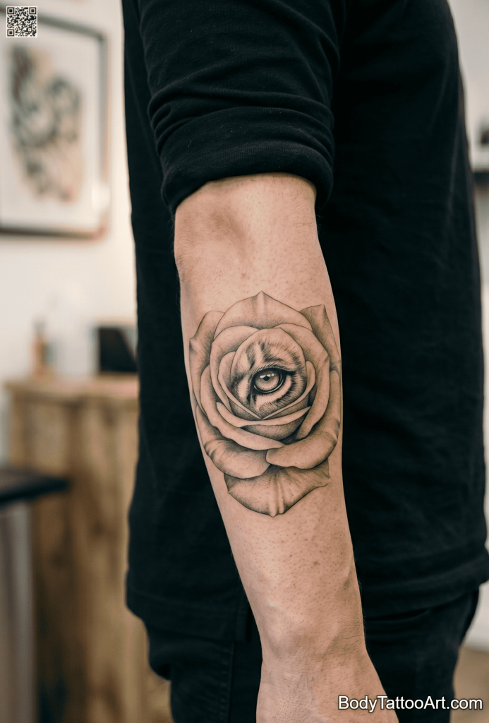 Fine line realism Rose With Lion Tattoos