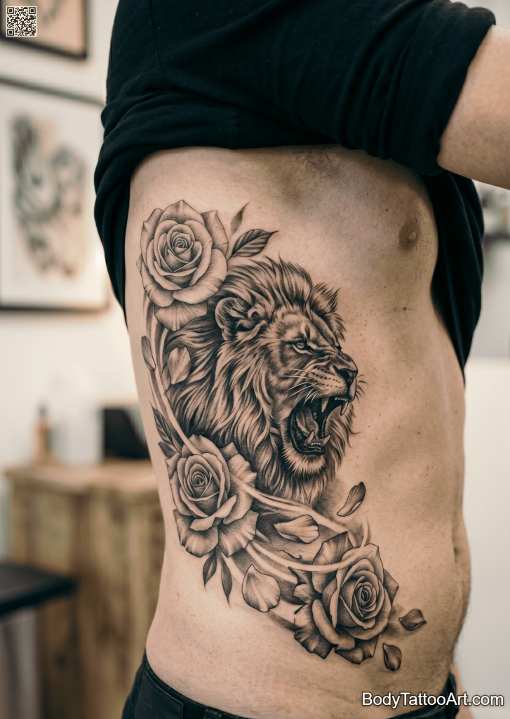 Black and grey realism Rose With Lion Tattoos