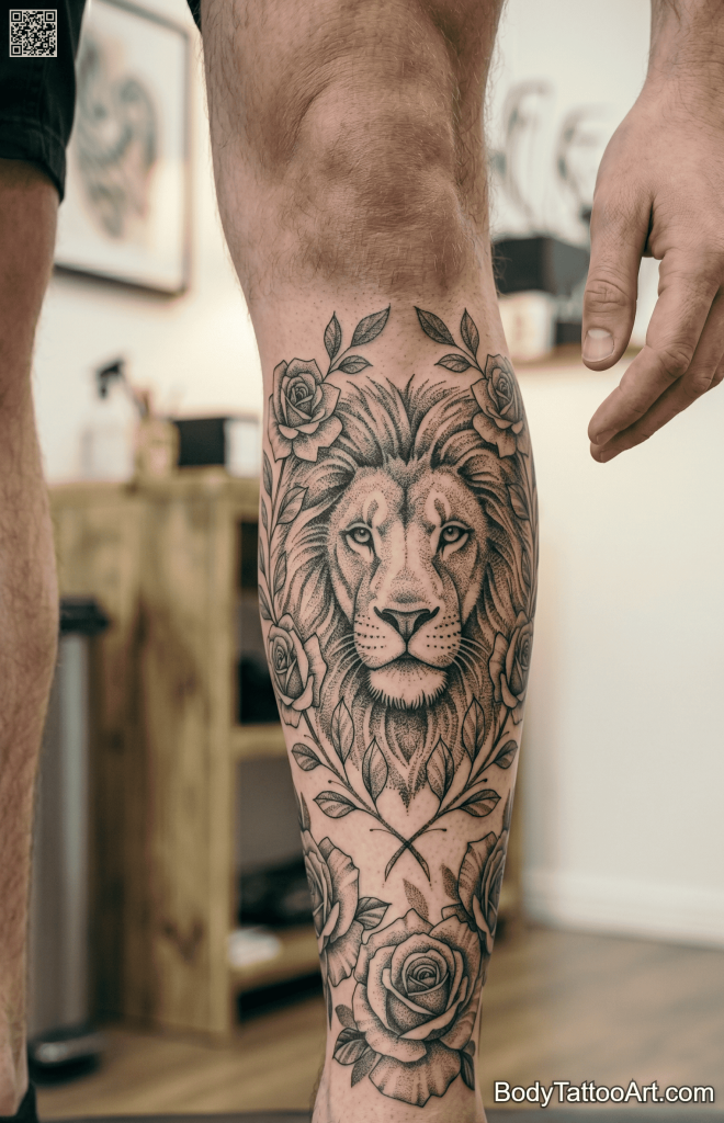 Dotwork blackwork Rose With Lion Tattoos