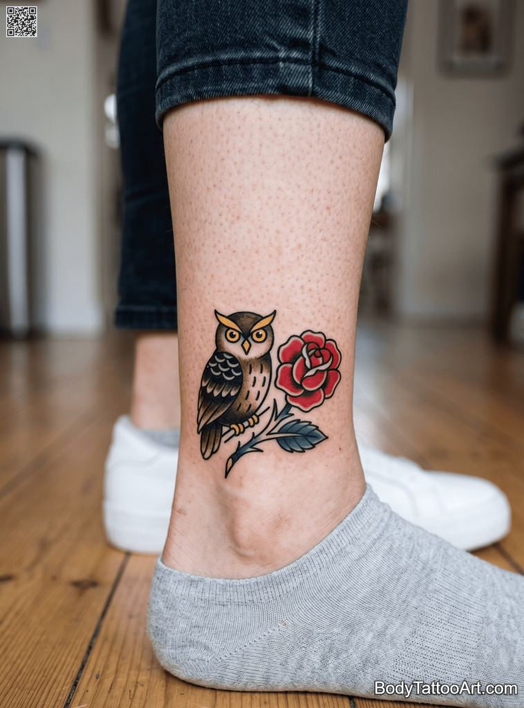  American traditional Rose With Owl Tattoos