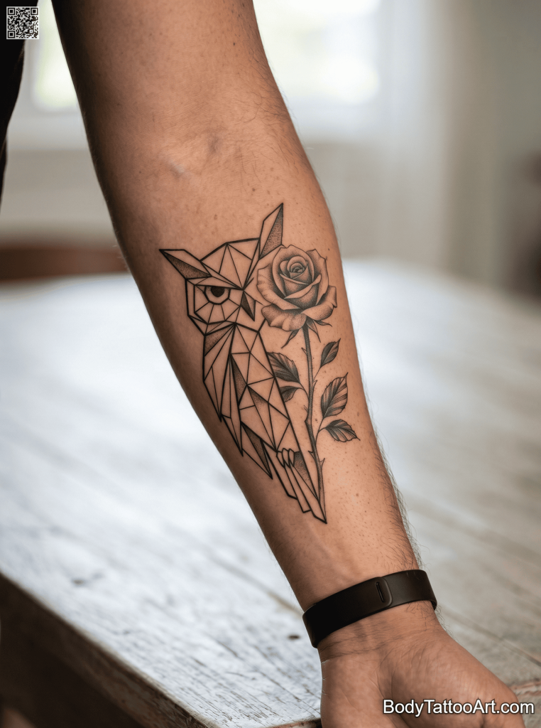 neo-traditional hybrid Rose With Owl Tattoos