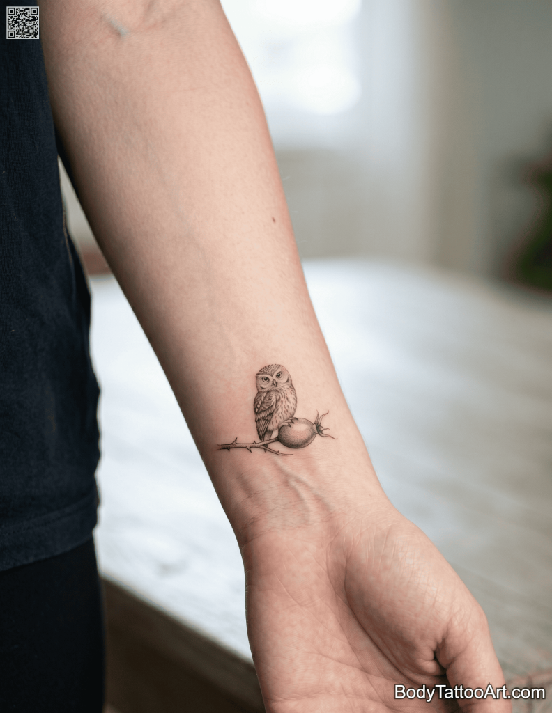 Micro realism Rose With Owl Tattoos