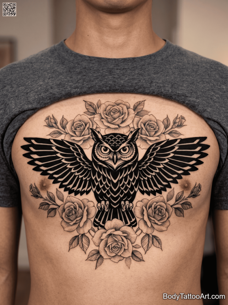 Blackwork with dotwork Rose With Owl Tattoos