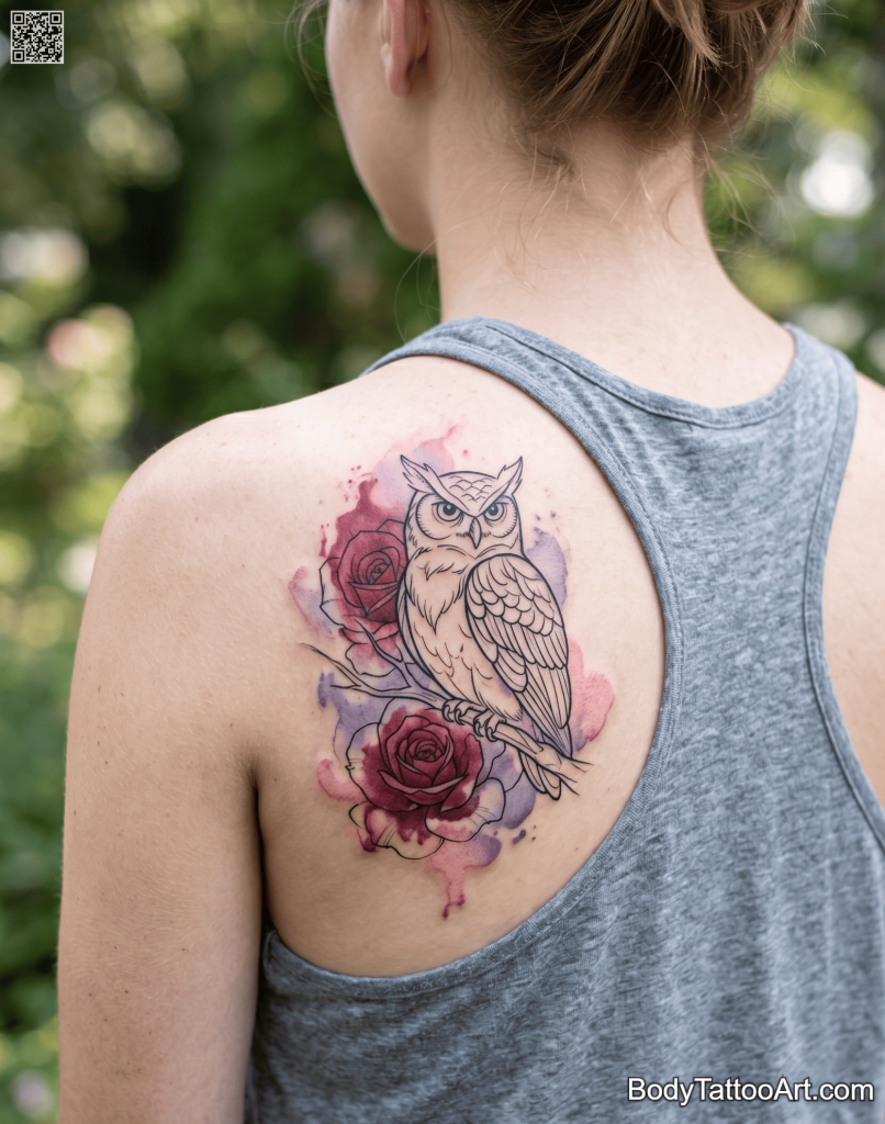  Watercolour with black outline Rose With Owl Tattoos