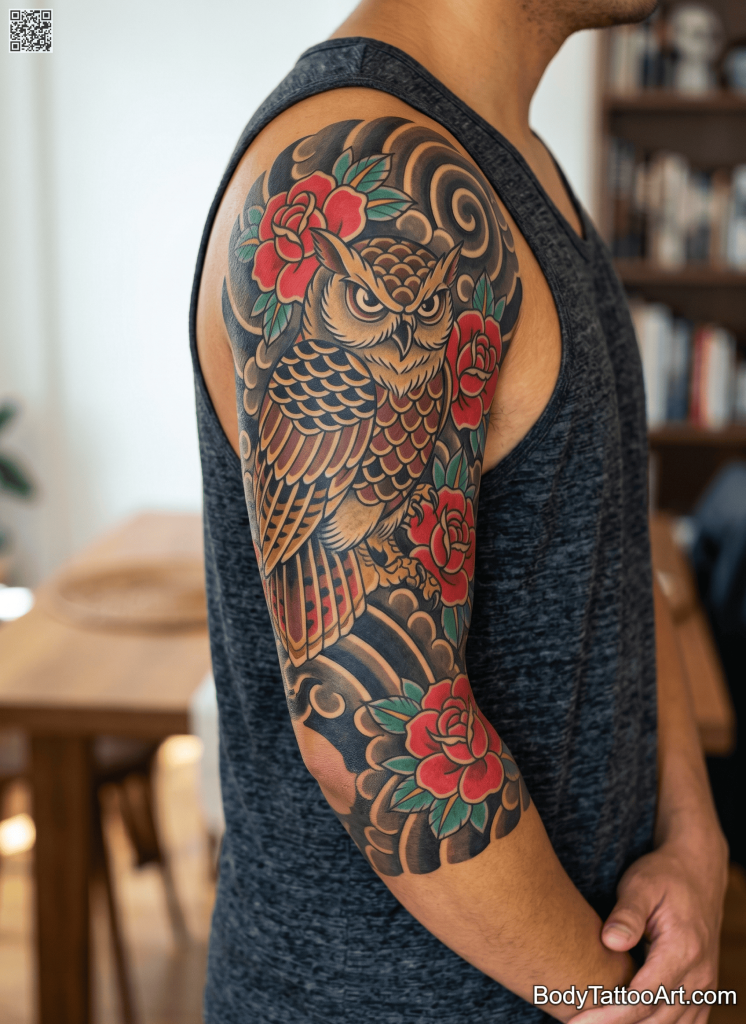 Japanese traditional Rose With Owl Tattoos
