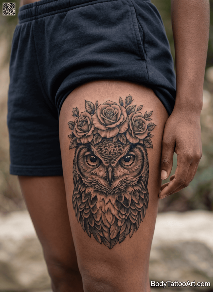 Illustrative realism Rose With Owl Tattoos