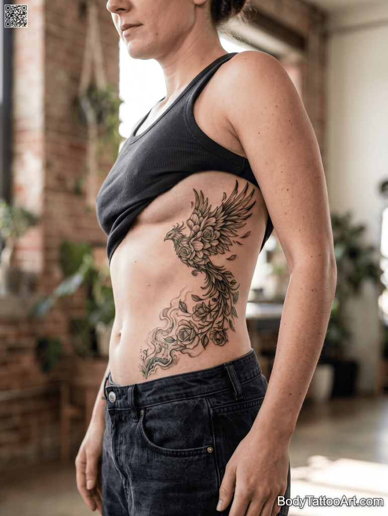 Illustrative realism Rose With Phoenix Tattoos