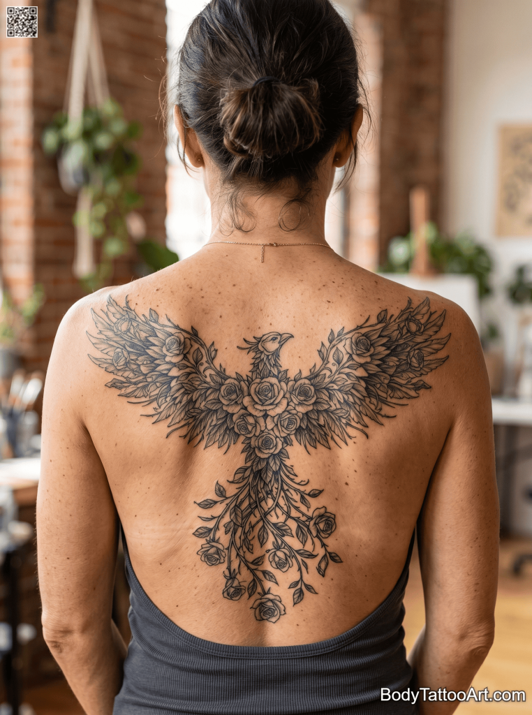 Illustrative black and grey Rose With Phoenix Tattoos