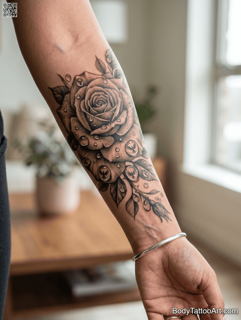 Hyper-realistic black and grey Rose With Phoenix Tattoos