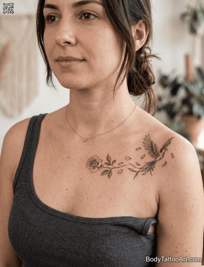 Fine line illustration Rose With Phoenix Tattoos