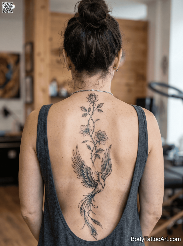 Fine line black and grey Rose With Phoenix Tattoos
