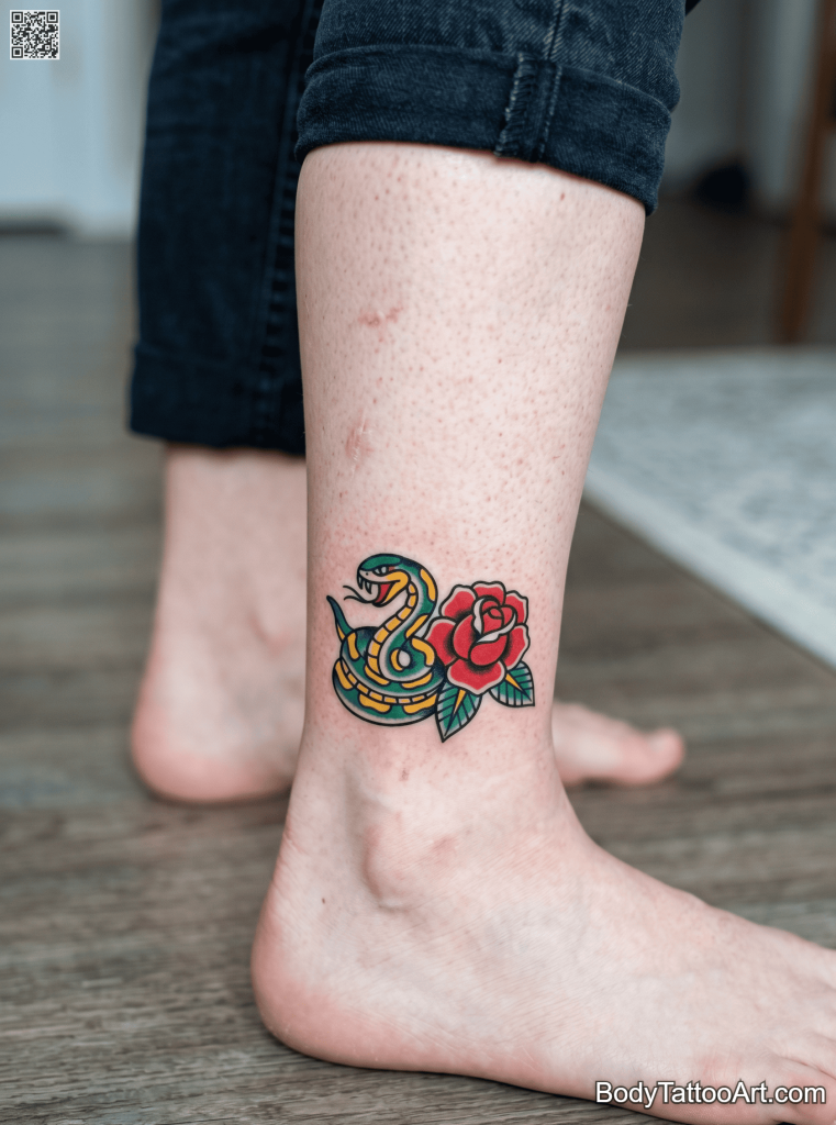 American traditional Rose With Snake Tattoos