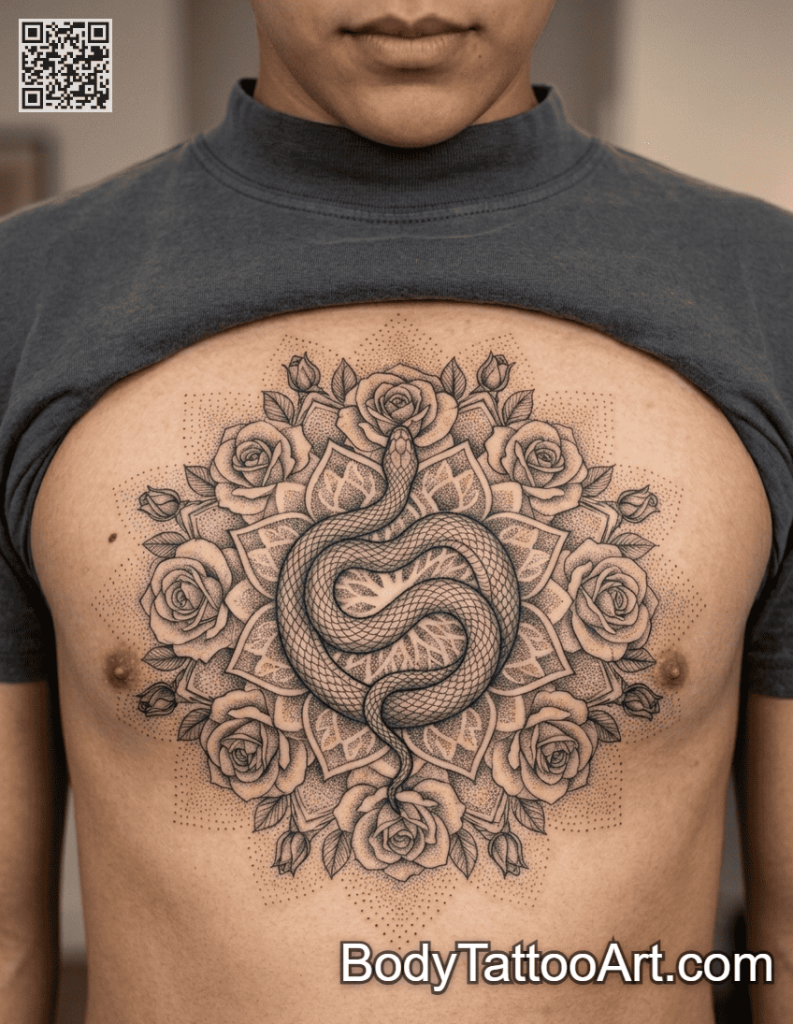 Dotwork with blackwork Rose With Snake Tattoos