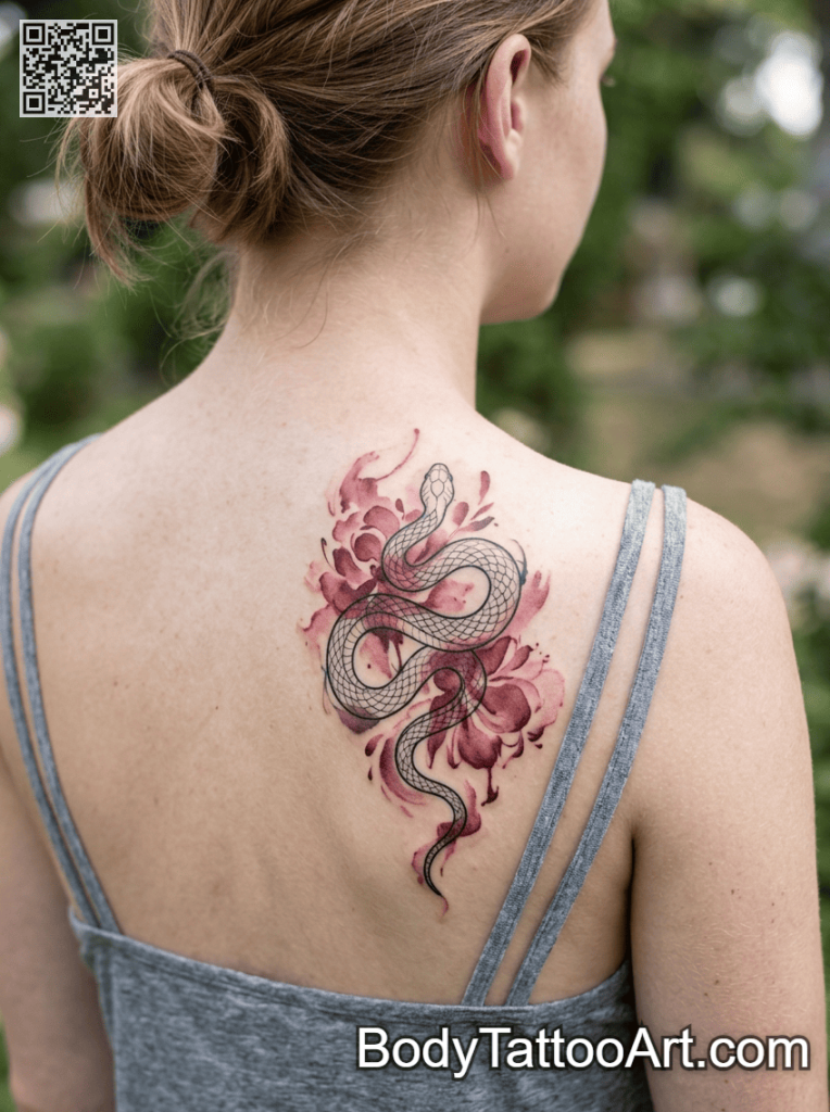 Watercolour with black outline Rose With Snake Tattoos
