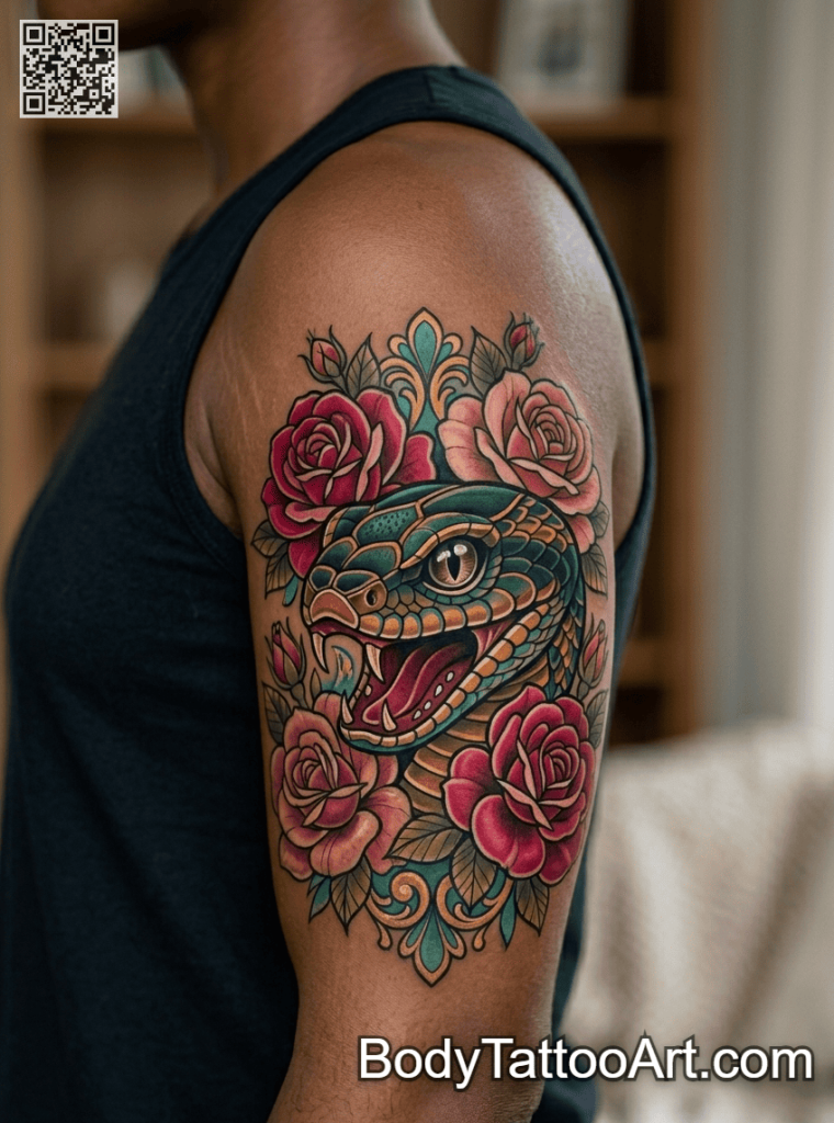 Neo-traditional Rose With Snake Tattoos