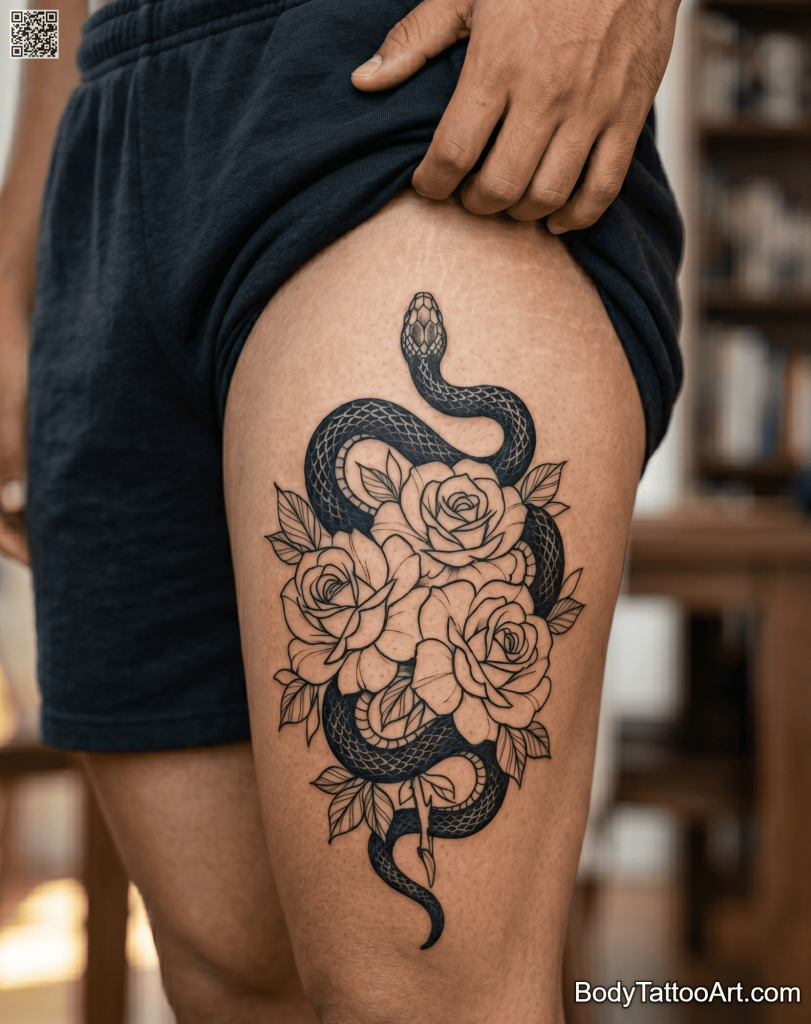 Blackwork Rose With Snake Tattoos