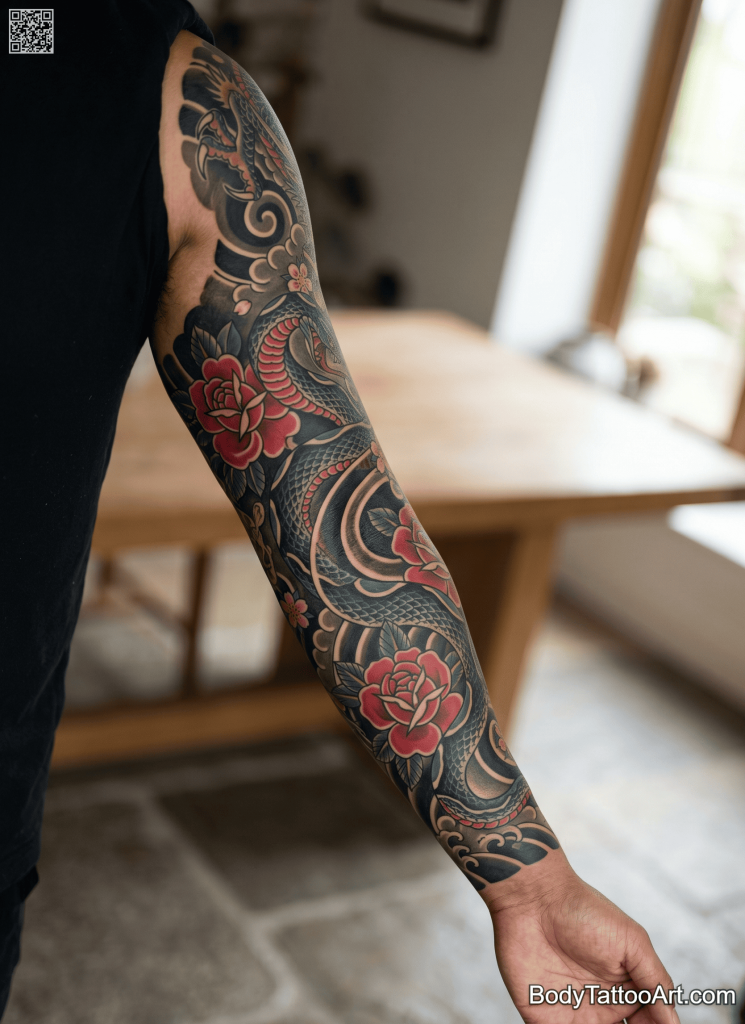  Japanese traditional Rose With Snake Tattoos