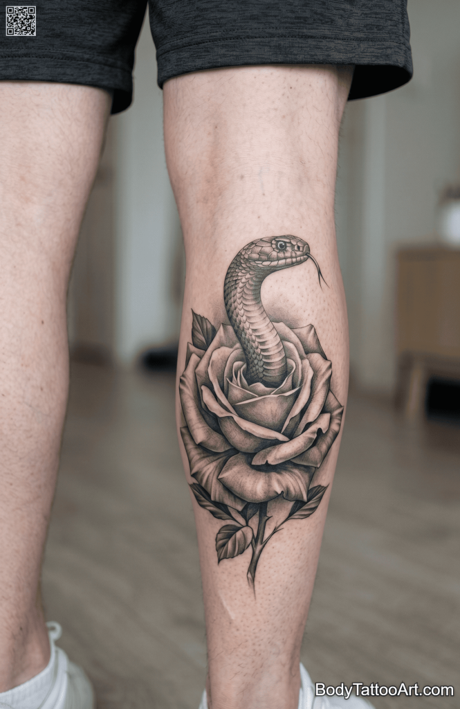 Grey-wash realism Rose With Snake Tattoos