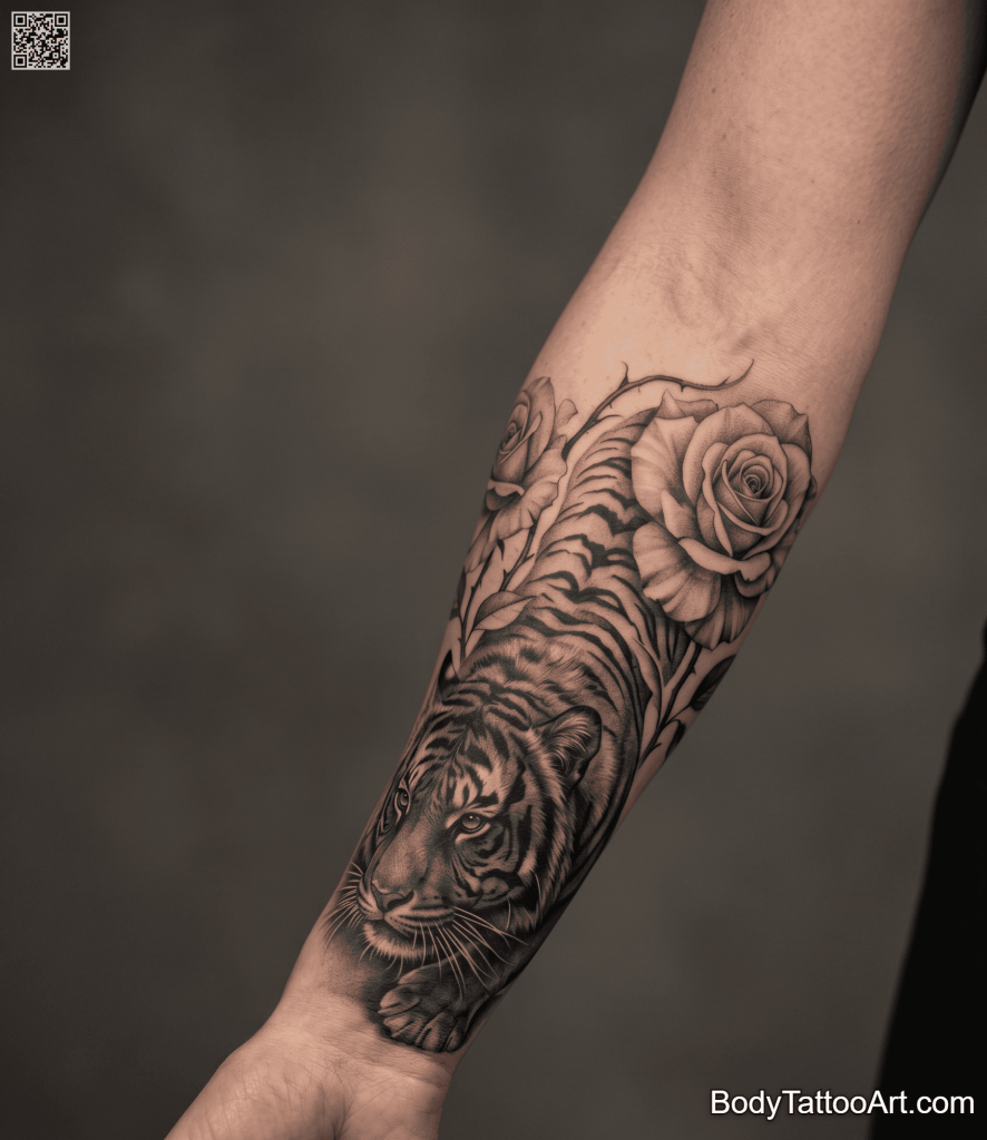 Fine line realism Rose With Tiger Tattoos