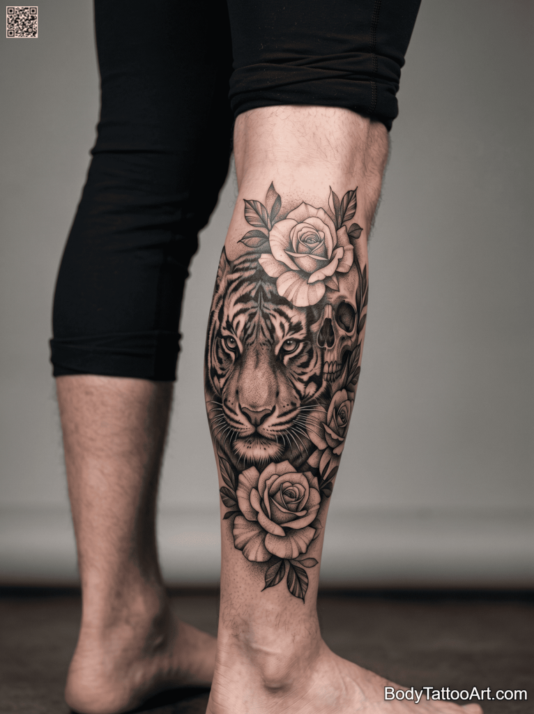 Surreal blackwork Rose With Tiger Tattoos