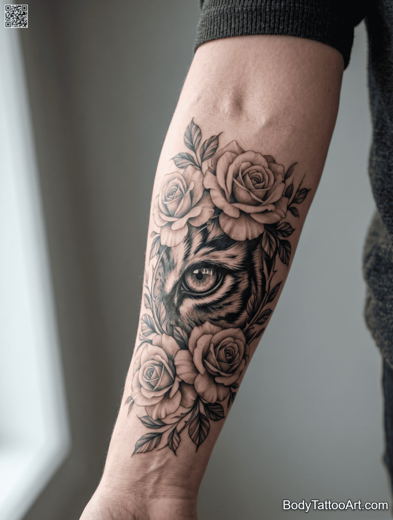 Realistic Rose With Tiger Tattoos