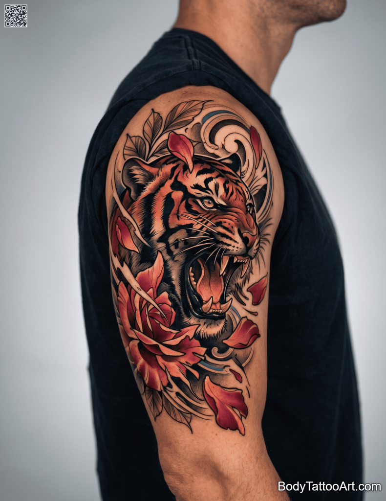 Neo-traditional Rose With Tiger Tattoos