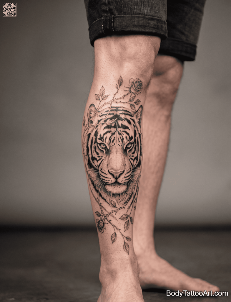 Dotwork Rose With Tiger Tattoos