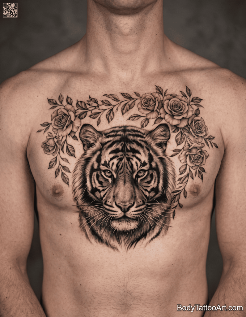  Black and grey realism Rose With Tiger Tattoos